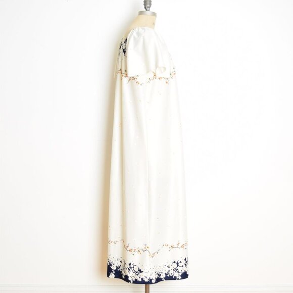 vintage 70s maxi dress cream navy floral border print caftan tent hippie boho M - Picture 7 of 11